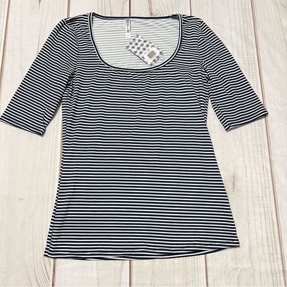 SALE!! P!phany Blue And White Striped Round Neck Elbow Sleeve Tee NWT XS - Picture 5 of 7
